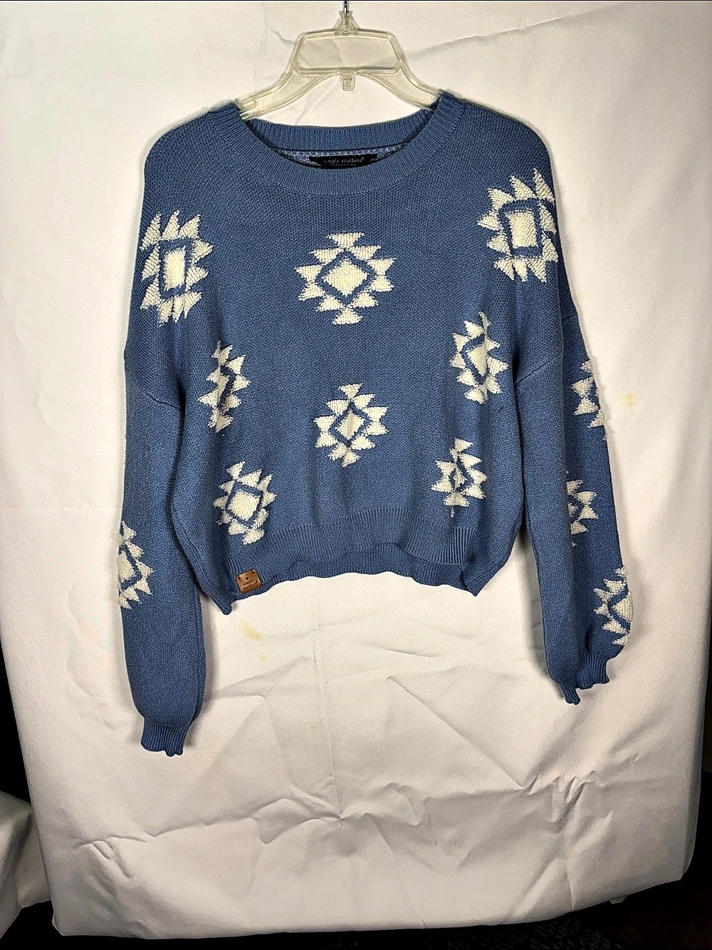 Simply Southern Crop Geometric Sweater Blue & Cream XXL EUC